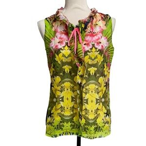 Elie Tahari Floral Silk Cotton Ruffle Tie Neck Blouse Small Sleeveless
